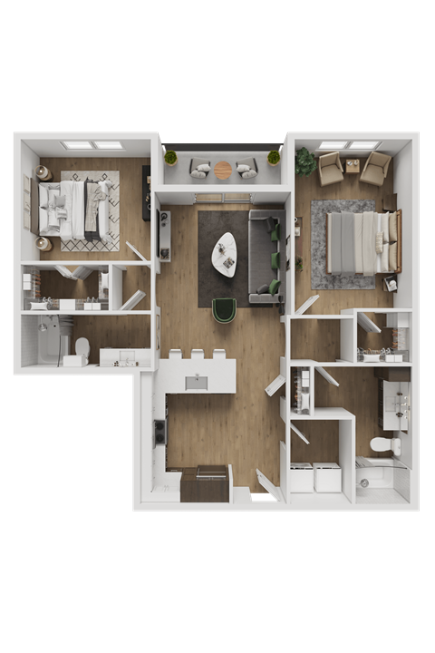 A top-down view of a house layout with a kitchen, living room, and two bedrooms.